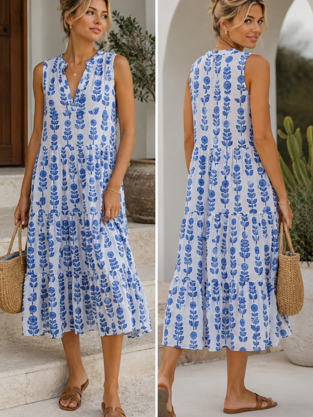 Bindu Blue & White Block Print Tiered Midi Dress Sleeveless Resort 8077